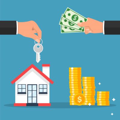 Casas en venta en Metepec; una mano sosteniendo unas llaves y otra unos billetes, casa y unas monedas de bajo de ellas