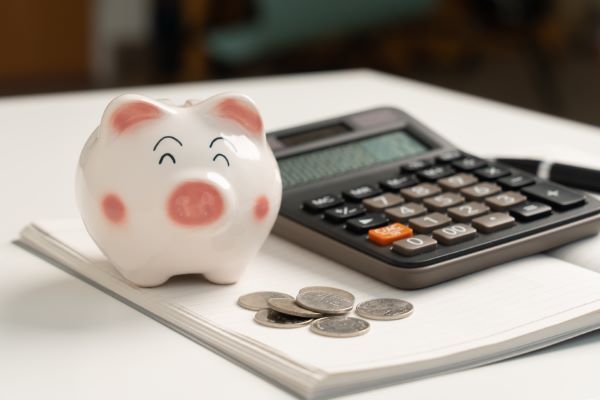 Departamentos en renta en Querétaro; imagen de un cochinito y unas cuantas monedas cerca de una calculadora para establecer un presupuesto para la renta de una vivienda.